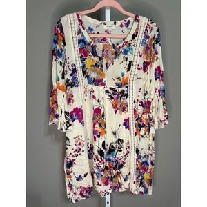 Umgee Floral Boho Dress Lace Detail Cream Purple Blue Orange S Cottagecore Boho